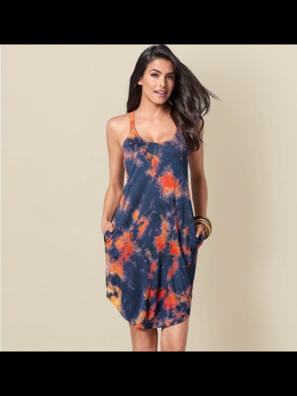 VENUS Navy Tie-Dye Swim Coverup Dress with Orange Accents